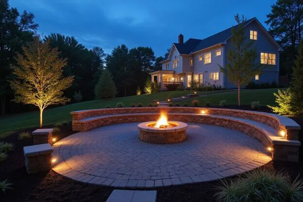 Completed paver patio with fire pit in a Southington backyard