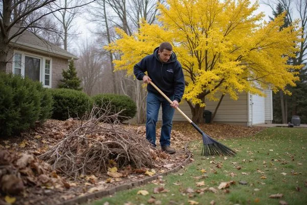 Landscaping crew raking spring debris from a Southington yard