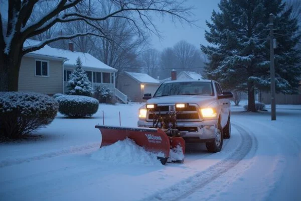 Snow plow truck clearing a residential driveway in Southington, CT