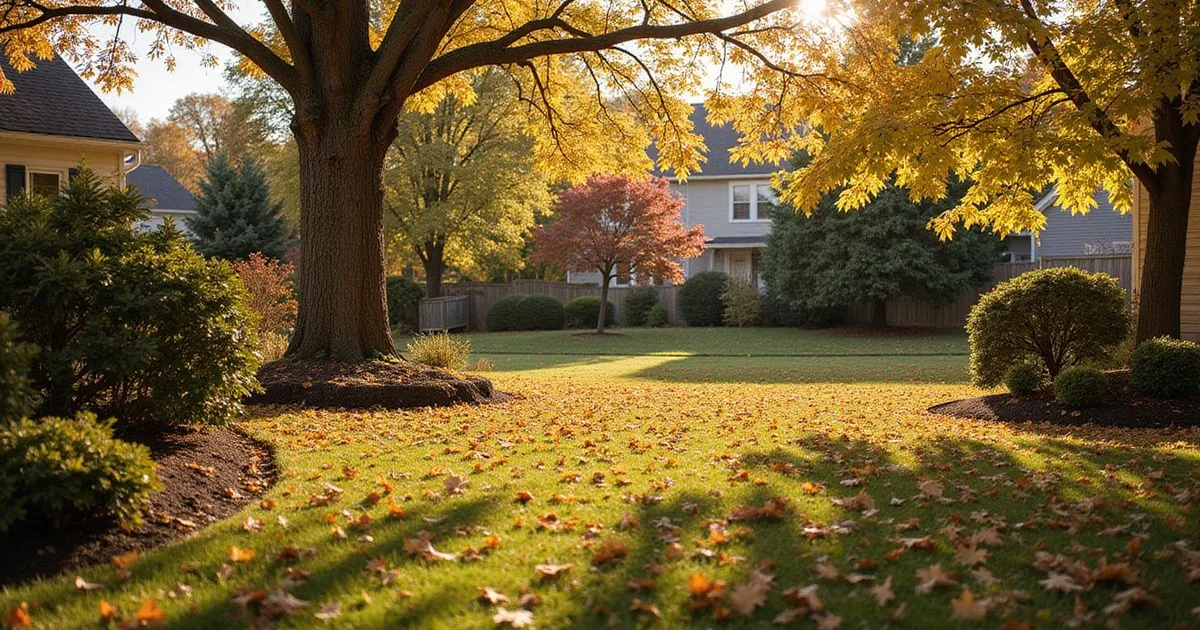 Southington yard mid-fall with leaves accumulated on lawn and beds, autumn light