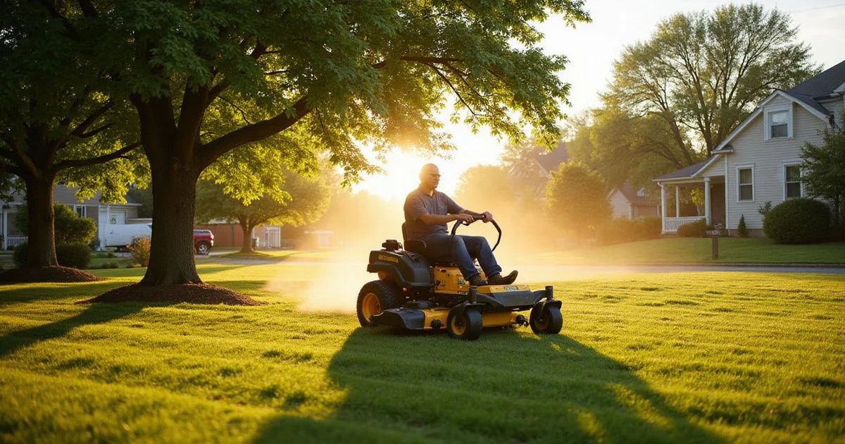 Crew member operating a zero-turn mower across a mature Southington suburban lawn at golden hour