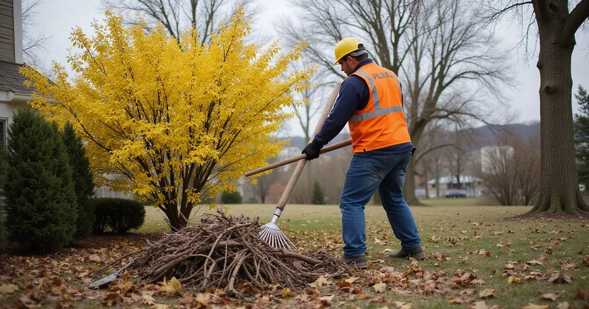 Crew member raking winter debris from a Southington property in early spring