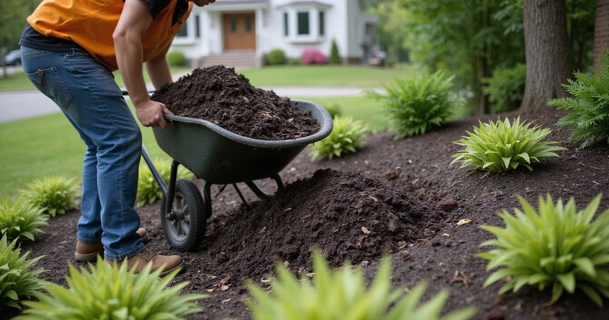 Crew spreading fresh dark bark mulch in a Southington garden bed