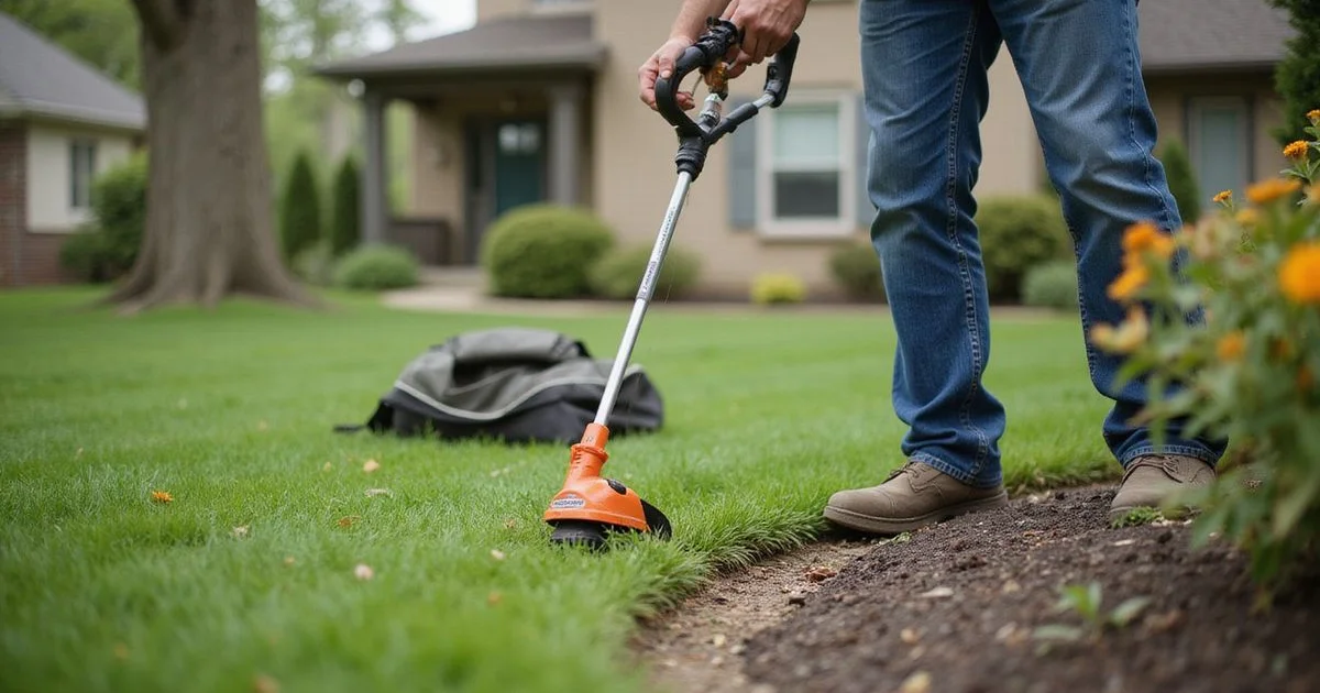 Lawn crew completing perimeter edging on a Southington suburban lawn