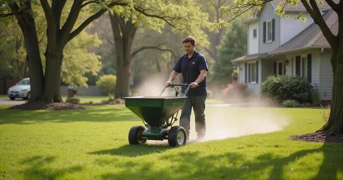 Lawn specialist applying spring fertilizer with a commercial spreader across a Southington central Connecticut lawn