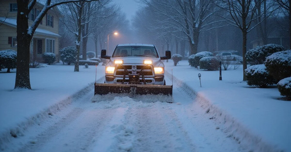 Snow plow truck clearing a Southington driveway during a winter storm